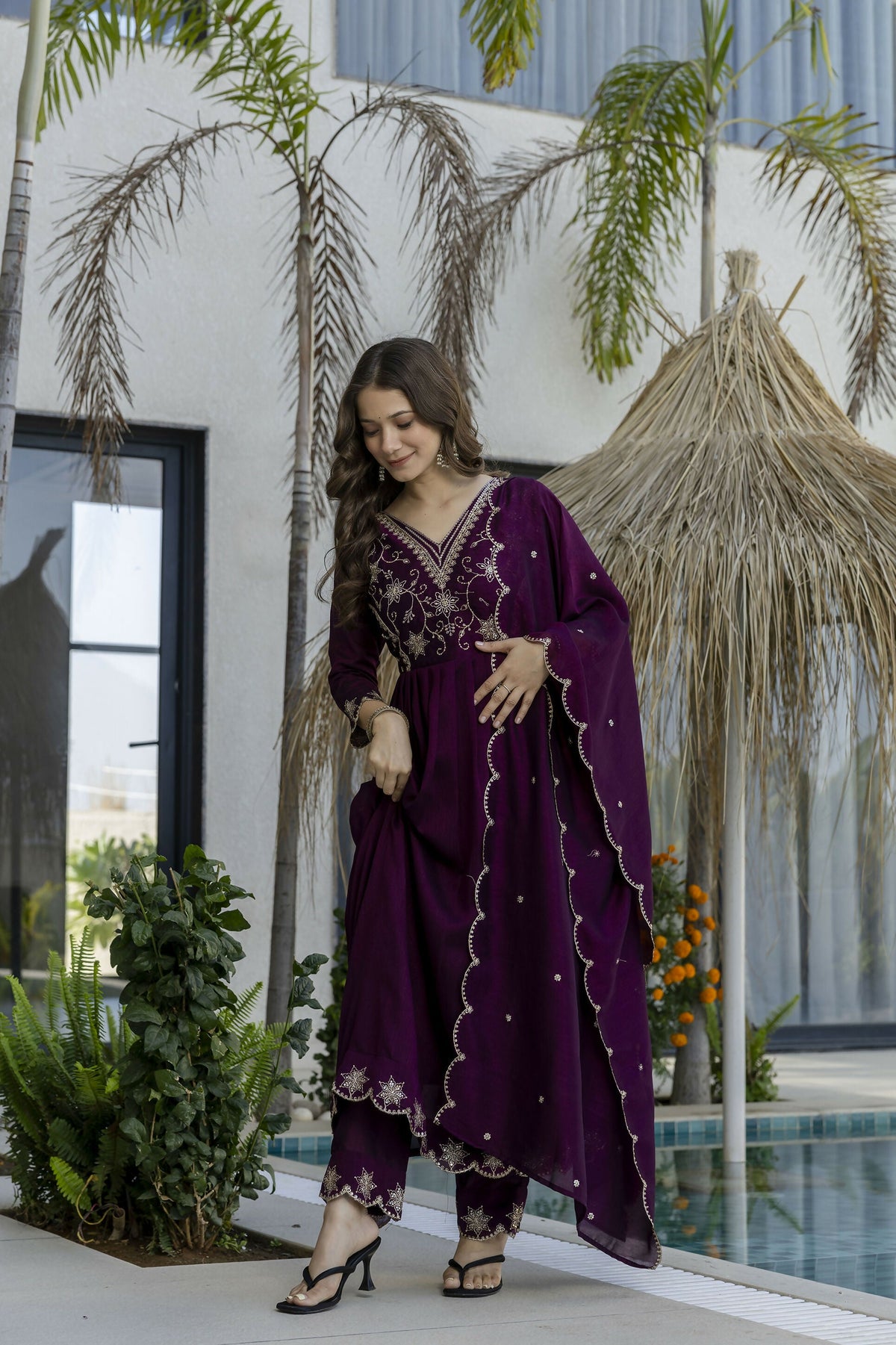 The52 Women's Beautiful Embroidery Work Vichitra Silk Fabric Flared Anarkali Pant and Dupatta Set | Grocsy