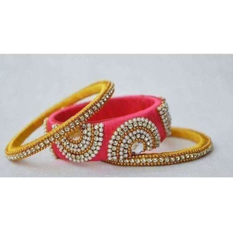 Pink and Yellow Color Combination with White Stones Bangles