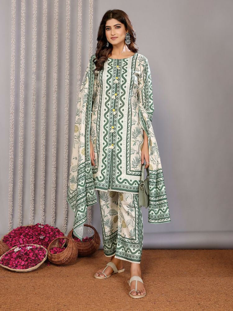 Joban Fashion Women Off White & Forest Green Linen Printed Stitched Kurta Set | Grocsy