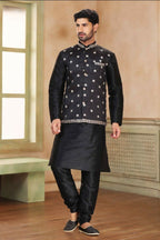 Raivat Ethnic Jacquard Banarasi Silk Woven Work 3 Pics Jacket Set In Black Colour | Grocsy