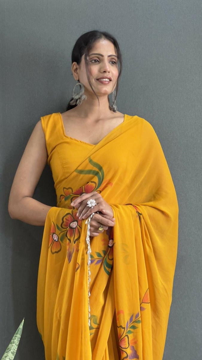 Aayaa Designer 1 min Hand Painted Ready to Wear saree - Mustard Yellow | Grocsy