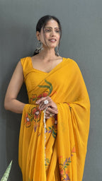Aayaa Designer 1 min Hand Painted Ready to Wear saree - Mustard Yellow | Grocsy