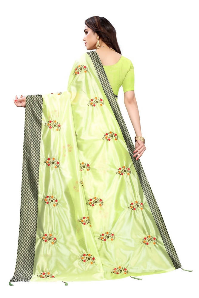 Vamika Parrot Green Crepe Embroidery Saree (Nirali Pista) | Grocsy