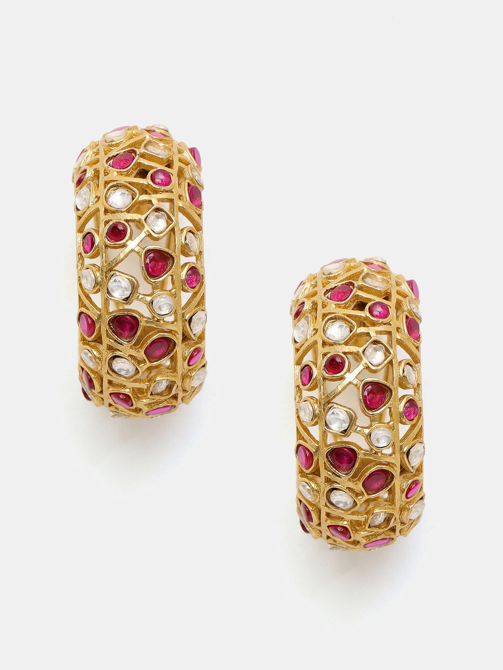 Ruby Raang Gold Polished Maroon Round Kundan Loops | Grocsy