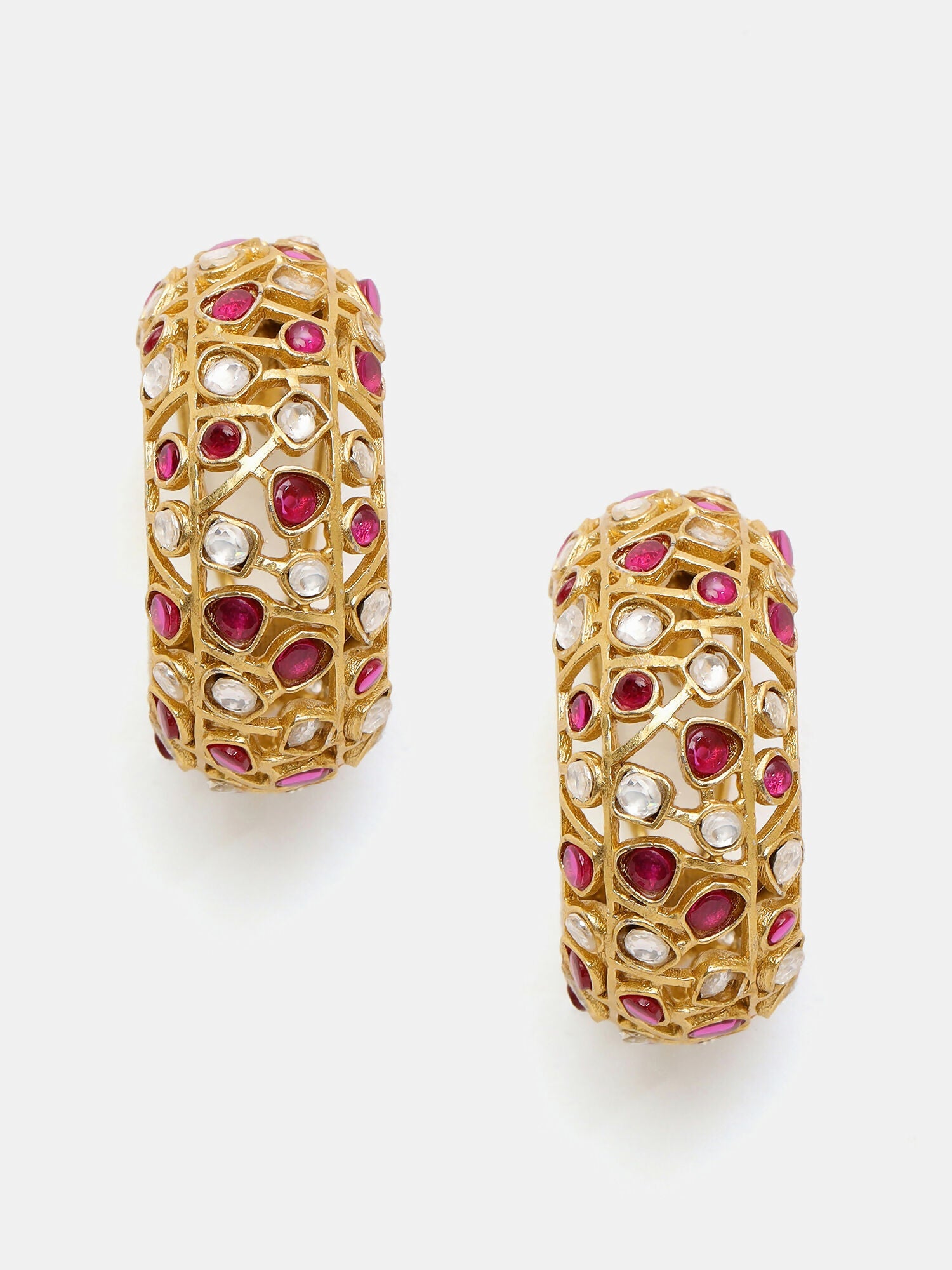 Ruby Raang Gold Polished Maroon Round Kundan Loops | Grocsy