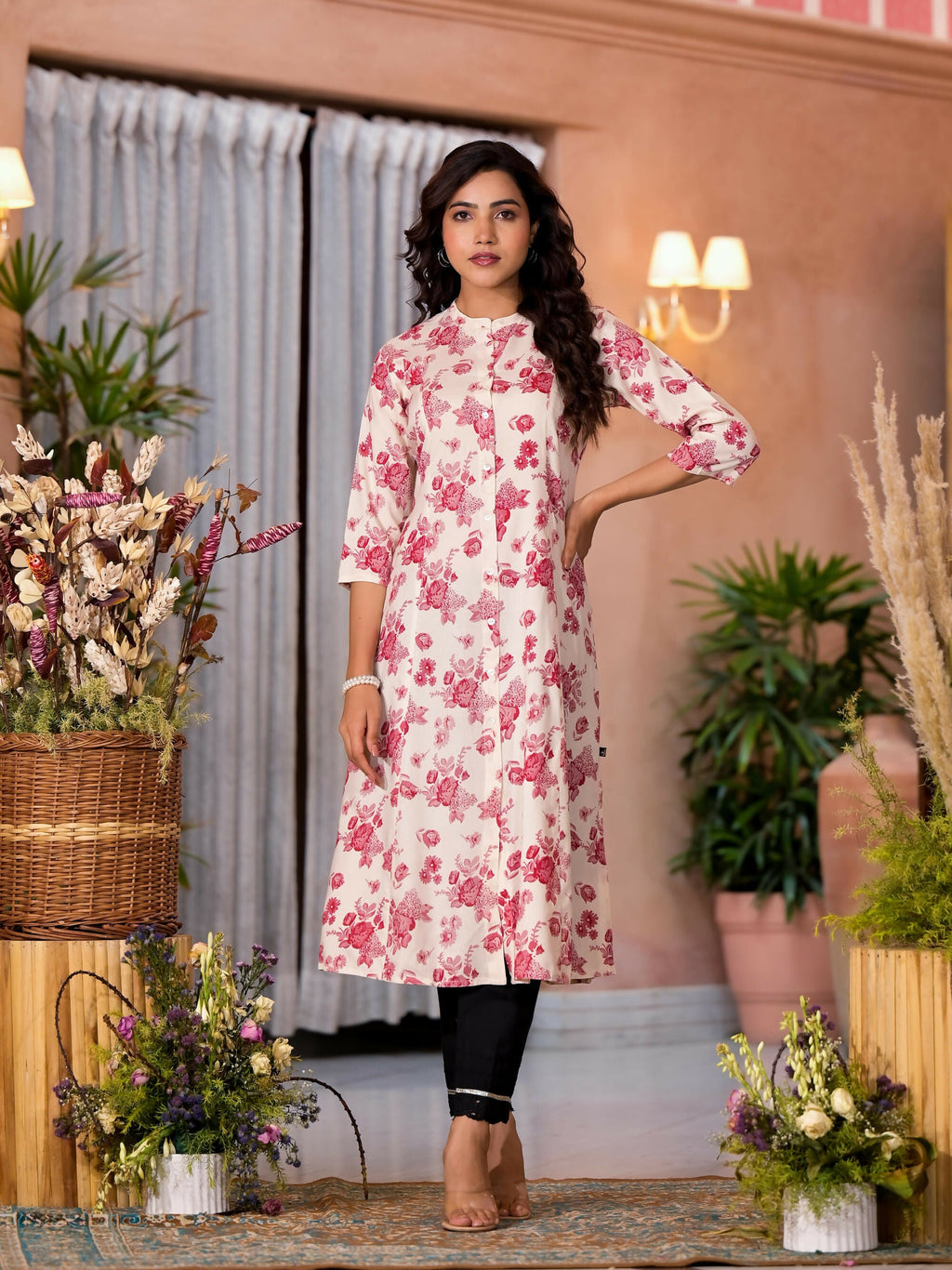 Juniper Women's Off White Floral Printed Liva Rayon Kurta With Button Closure | Grocsy