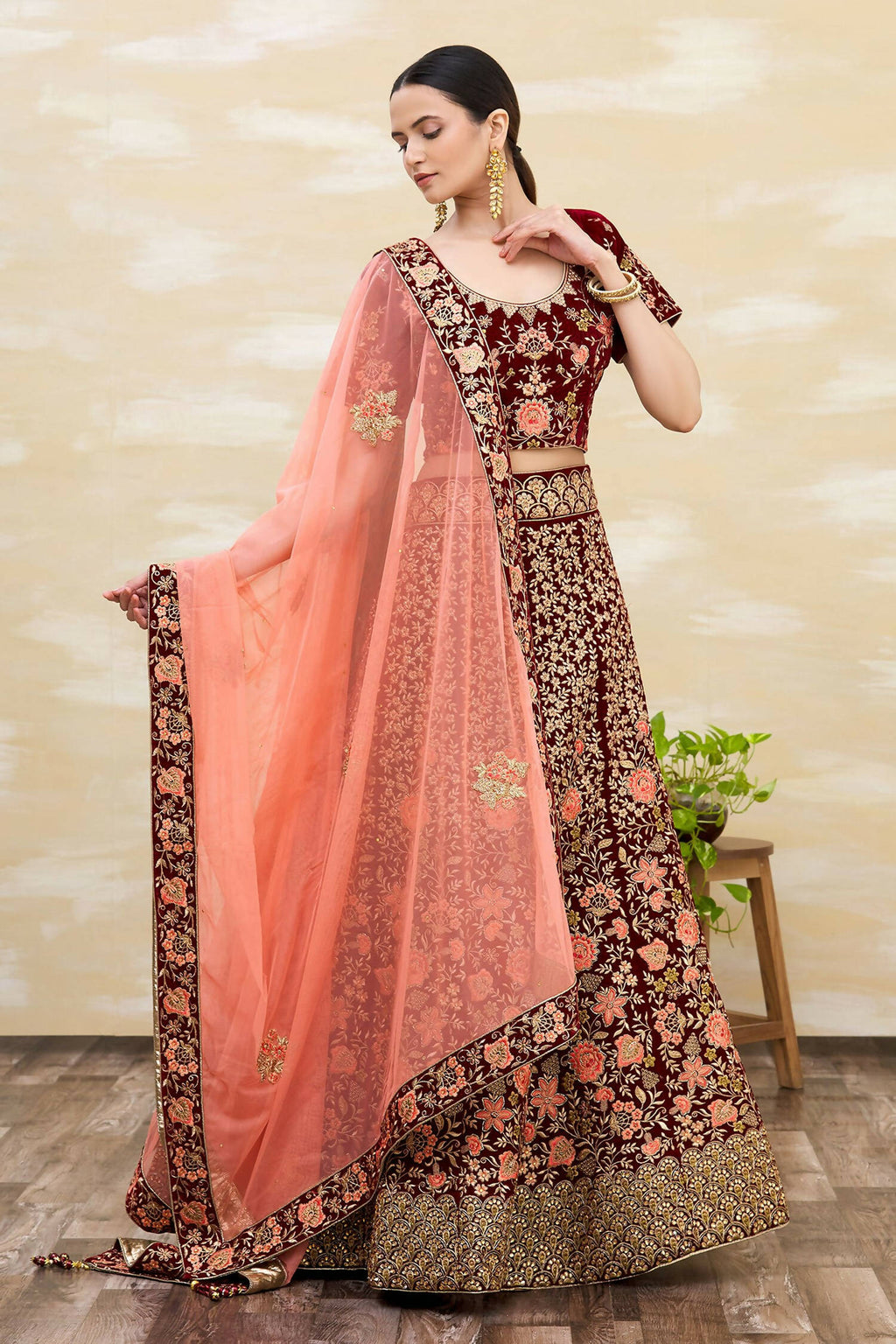 Maroon Velvet Semi-Stitched Wedding Bridal Lehenga - Nimaya | Grocsy