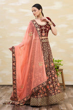 Maroon Velvet Semi-Stitched Wedding Bridal Lehenga - Nimaya | Grocsy
