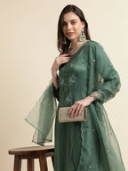 Green Chinon Silk Embroidered Straight Kurta with Trouser & Dupatta - Salimar | Grocsy