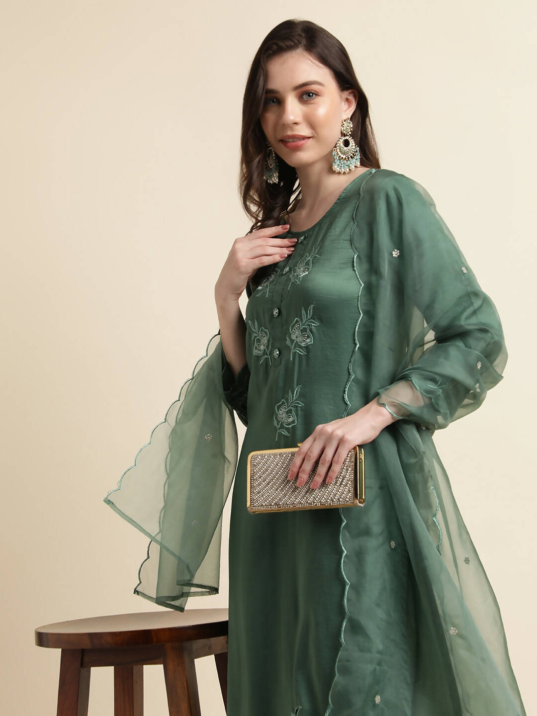 Green Chinon Silk Embroidered Straight Kurta with Trouser & Dupatta - Salimar | Grocsy
