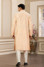 Raivat Ethnic Men's Art Silk Thread Work Kurta Pyjama In Peach Colour | Grocsy