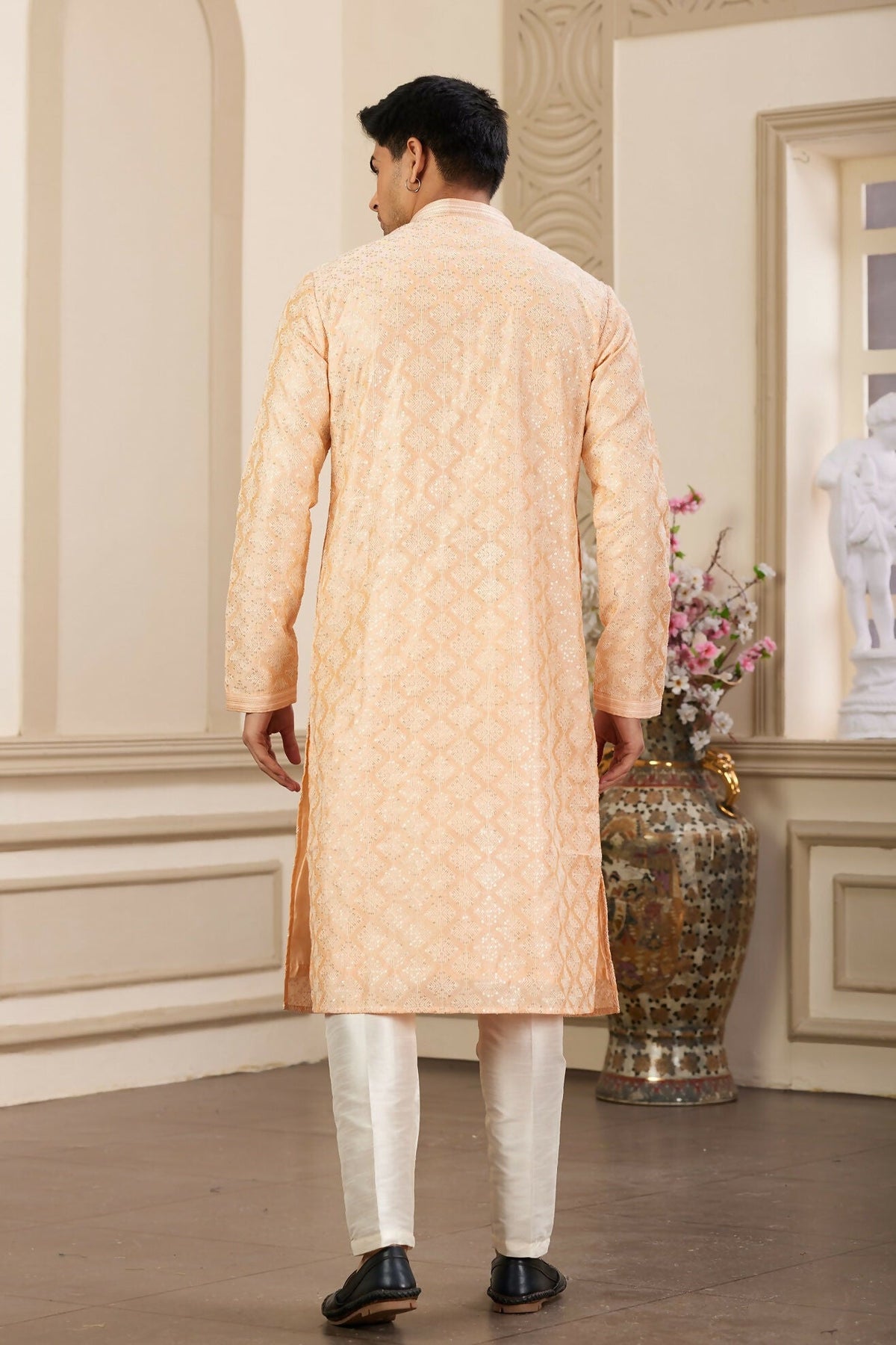 Raivat Ethnic Men's Art Silk Thread Work Kurta Pyjama In Peach Colour | Grocsy