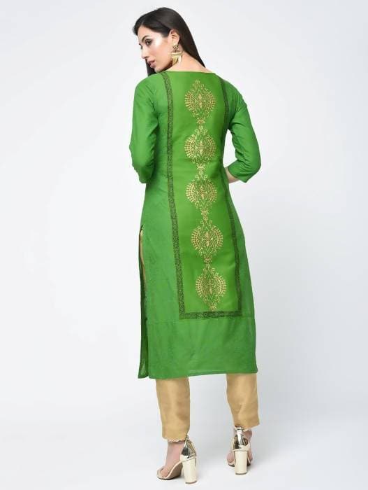 Aniyah Cotton Block Printed Green Color Straight Kurta (AN-129K) | Grocsy