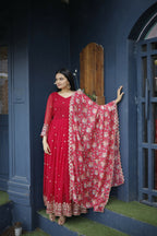 Aayaa Designer Embroidery Zari Sequins-Work Faux Blooming Georgette Suit - Red | Grocsy
