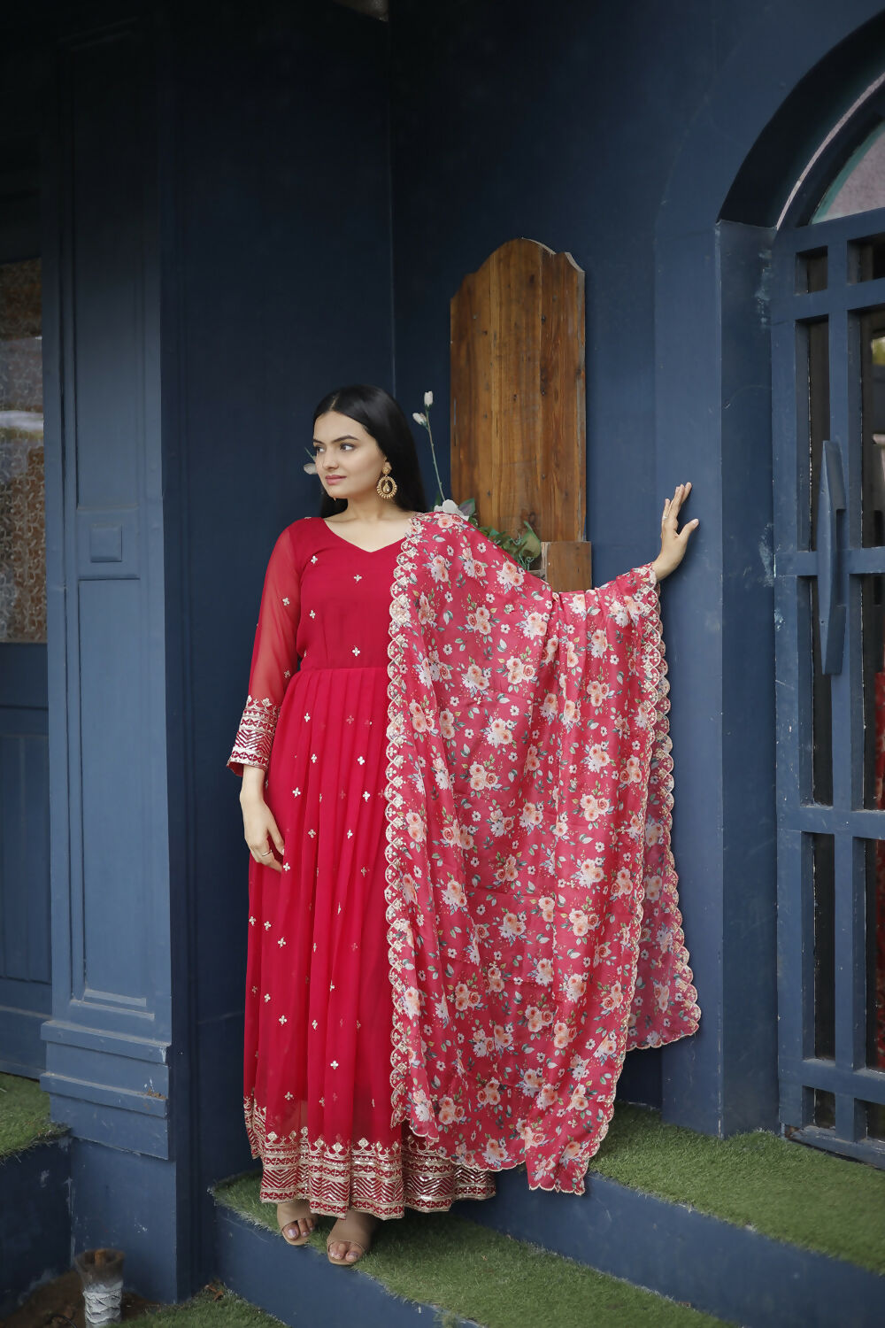 Aayaa Designer Embroidery Zari Sequins-Work Faux Blooming Georgette Suit - Red | Grocsy