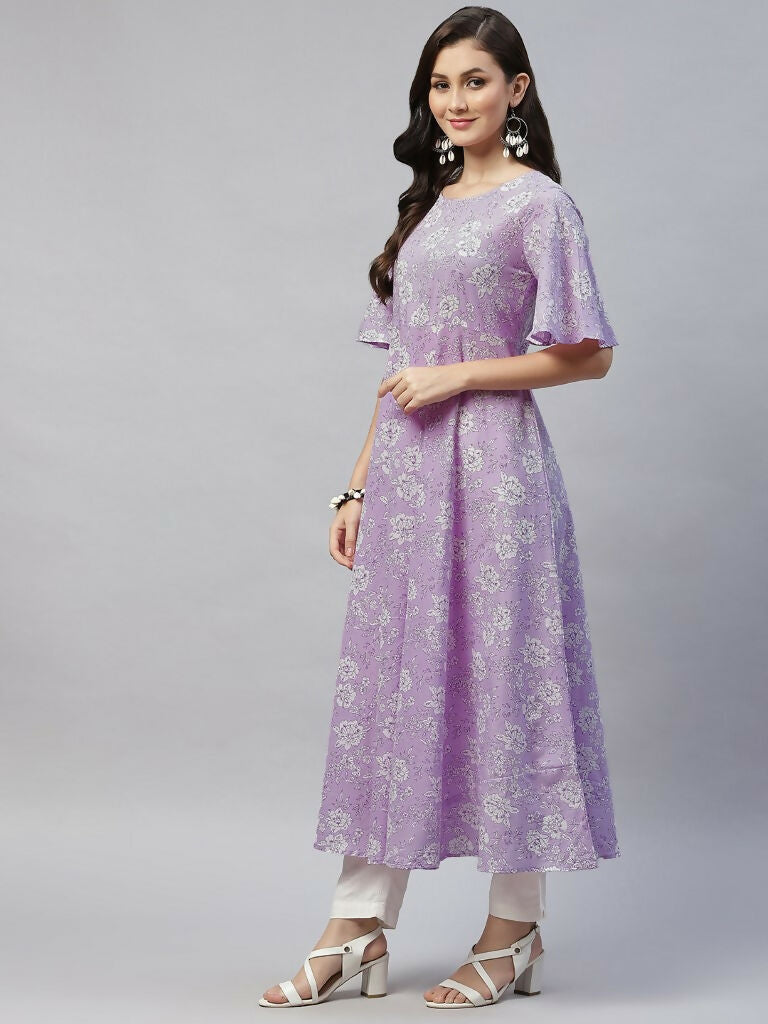 Miravan Women's Levender Floral Printed Anarkali Kurta | Grocsy