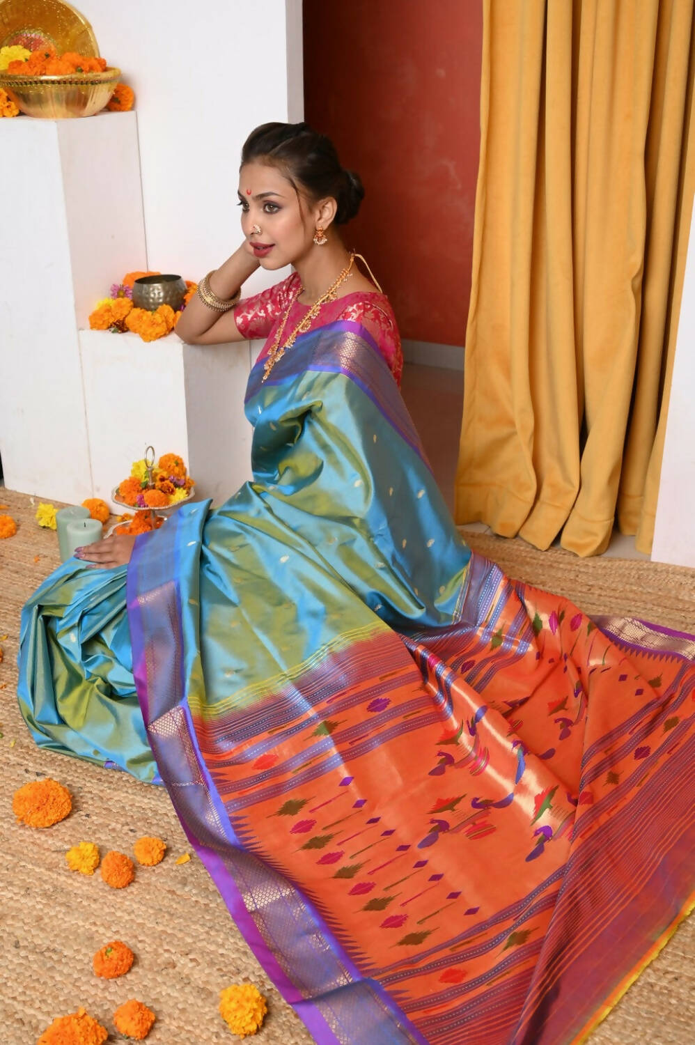 Very Much Indian Authentic Dual Tone Powder Blue Paithani | Grocsy