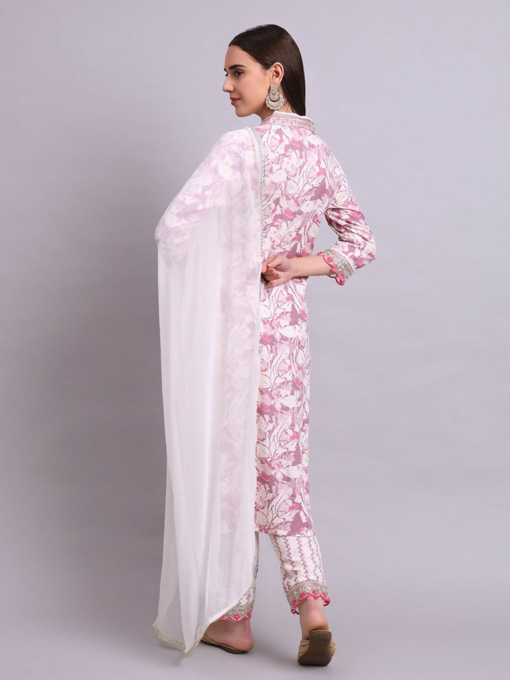 Joban Fashion Off White Cotton Floral Printed & Embroidery Work Kurta With Trousers & Dupatta Set | Grocsy