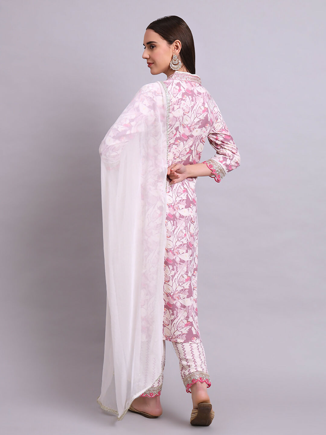 Joban Fashion Off White Cotton Floral Printed & Embroidery Work Kurta With Trousers & Dupatta Set | Grocsy