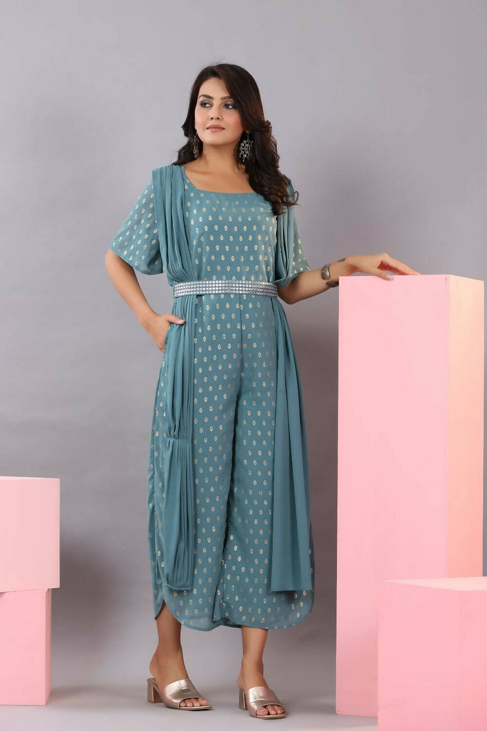 Juniper Women Teal Georgette Foil Printed Draped Jumpsuit | Grocsy