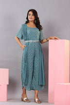 Juniper Women Teal Georgette Foil Printed Draped Jumpsuit | Grocsy
