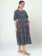 Manet Frill Slevees Maternity Dress Floral Print With Concealed Zipper Nursing Access - Navy | Grocsy