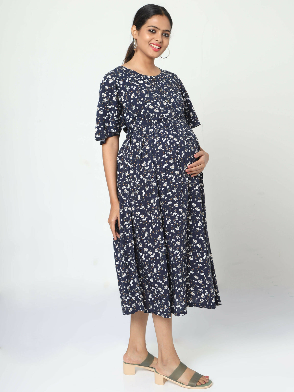 Manet Frill Slevees Maternity Dress Floral Print With Concealed Zipper Nursing Access - Navy | Grocsy