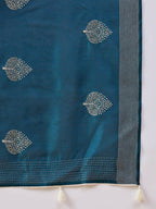 Teal Cotton Blend Thread Embroidered Saree with Unstitched Blouse - Satya | Grocsy