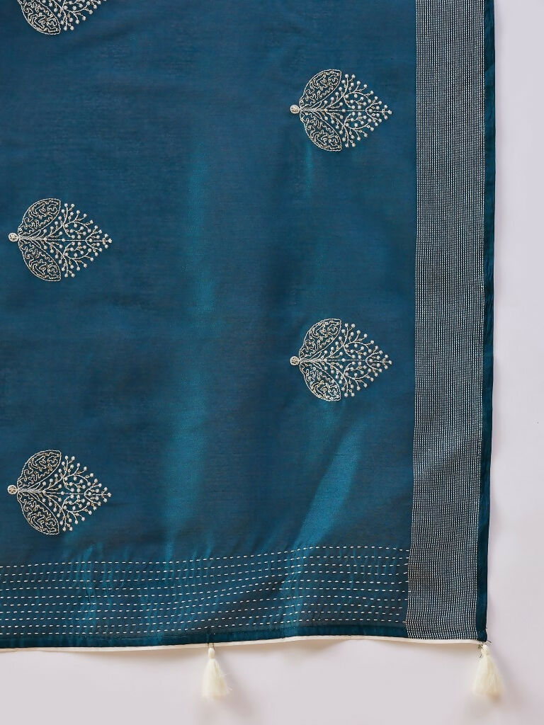 Teal Cotton Blend Thread Embroidered Saree with Unstitched Blouse - Satya | Grocsy