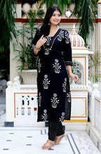 Miravan Women's Cotton Gota Patti Black Floral Printed Straight Kurta Palazzo Set | Grocsy