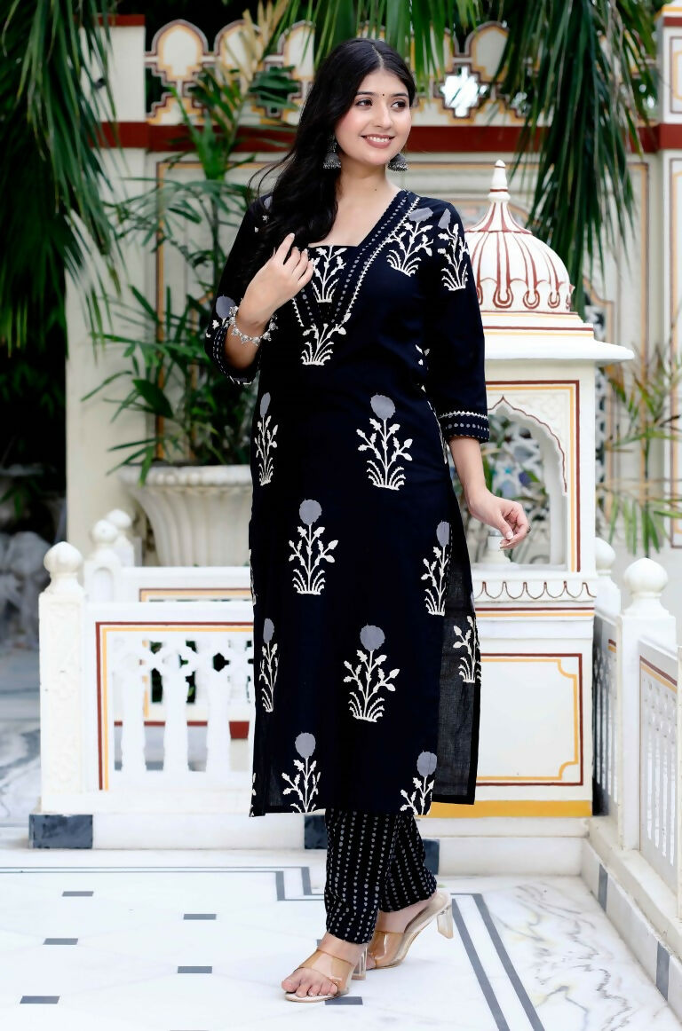 Miravan Women's Cotton Gota Patti Black Floral Printed Straight Kurta Palazzo Set | Grocsy