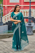 Vastranavya Rama Embroidery Work Shimmer Chiffon Saree with Unstitched Blouse | Grocsy