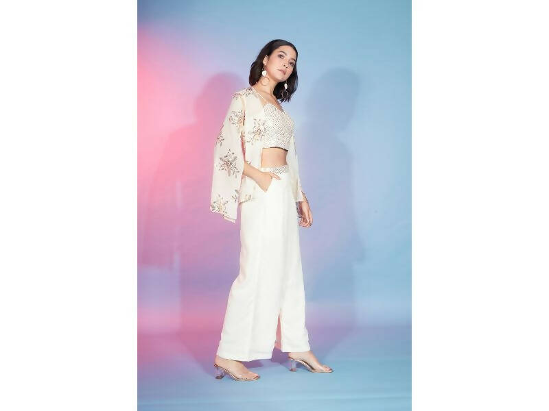 Off White Georgette Sequence With Thread Designer Co-Ord Set - Flory | Grocsy