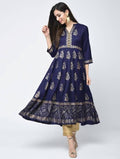 Aniyah Rayon Block Printed Anarkali Blue Kurta (AN-116K) | Grocsy