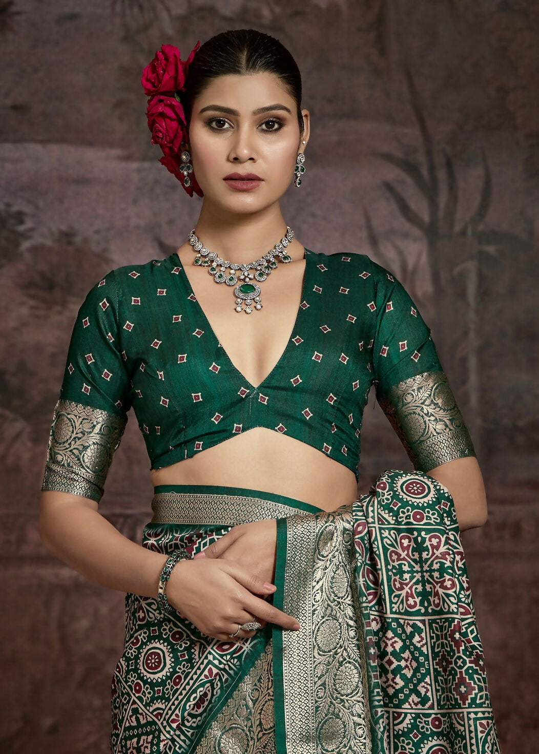 Joban Fashion Green Art Silk With Fine Viscose Border Ajrak Full Body Print With Soft Finish Saree | Grocsy