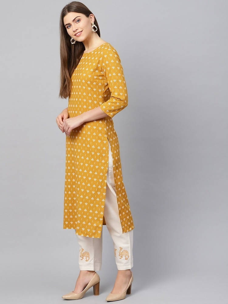 Yufta Women Mustard Yellow & Off-White Block Print Kurta with Trouser | Grocsy