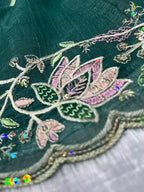 Vastranavya Gold Crunchy Multi Colour Threads Embroidery Work with Sequins Work Saree with Blouse material - Green | Grocsy