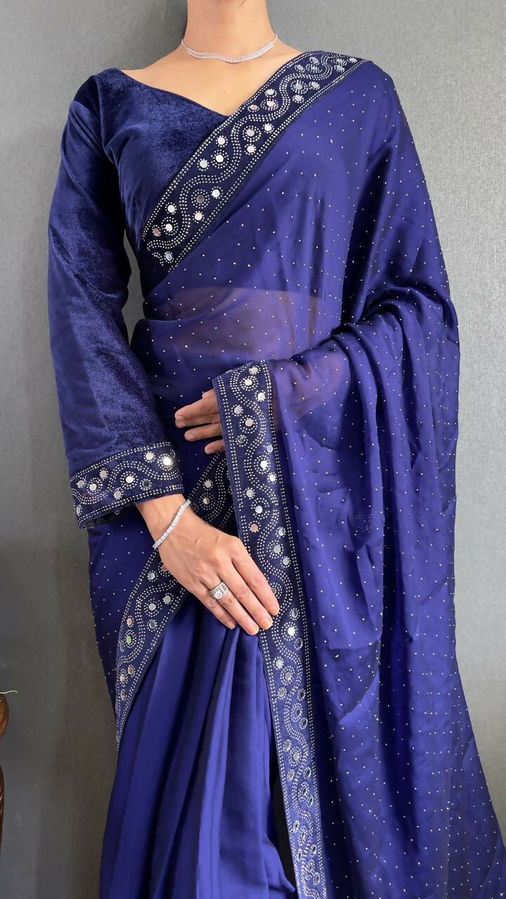 Vastranavya Blue Rangoli Silk Real Mirror work with Swarovski work Ready to Wear Saree | Grocsy
