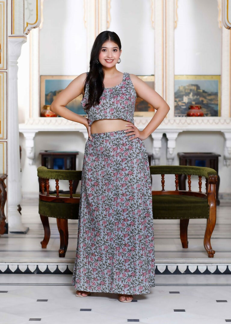 Miravan Women's Grey Floral Printed Crop Top And Skirt Co-Ord Set | Grocsy