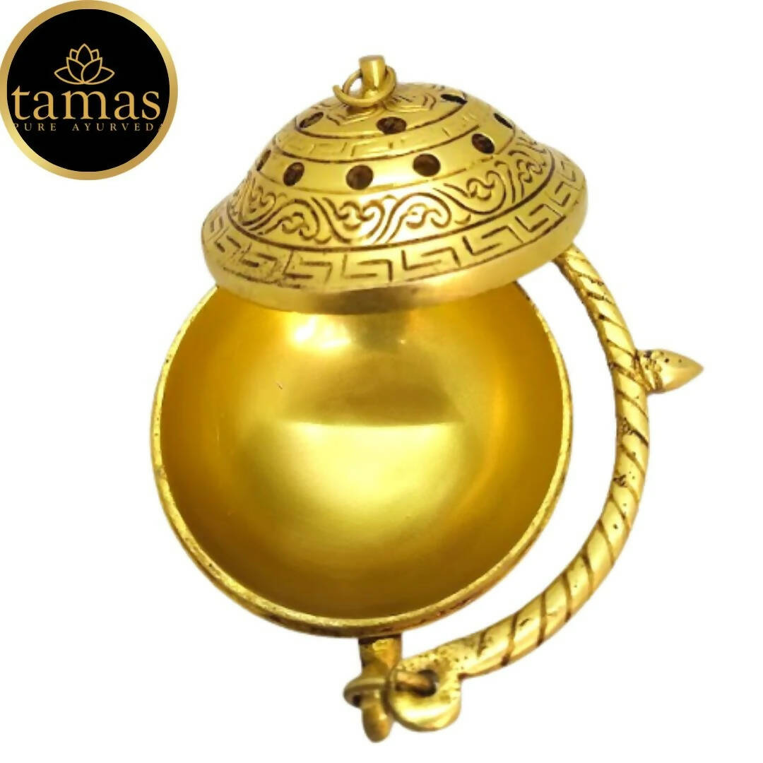 Tamas Brass Small Dhoop Burner with Handle and Lid (Golden) | Grocsy