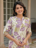 Aramya Straight Linen Cotton Floral Print Women's Kurta - Off White | Grocsy