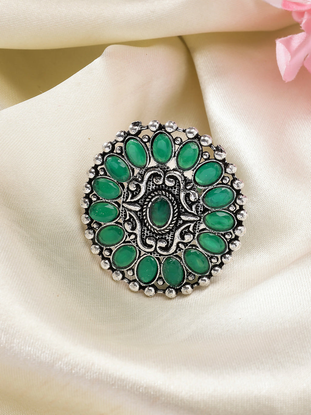 NVR Women's Green Silver-Plated Circular Shape Adjustable Finger Ring | Grocsy