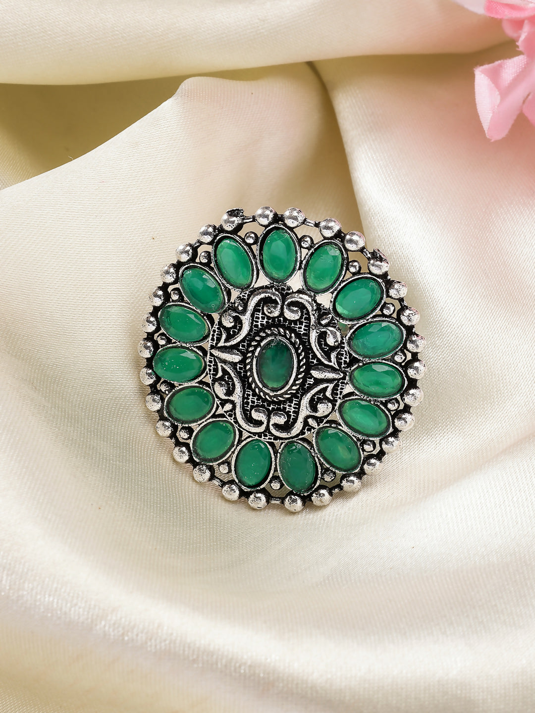 NVR Women's Green Silver-Plated Circular Shape Adjustable Finger Ring | Grocsy