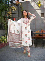 Yufta Women White Floral Printed Regular Pure Cotton Kurta with Trouser & With Dupatta | Grocsy
