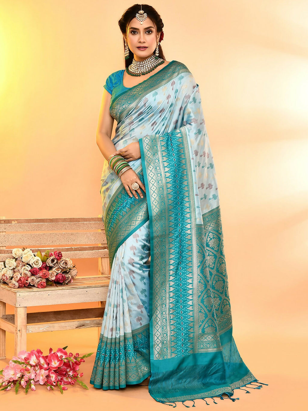 Joban Fashion Sky Blue & Rama Plain With Weaving Border Banarasi Silk Sarees | Grocsy