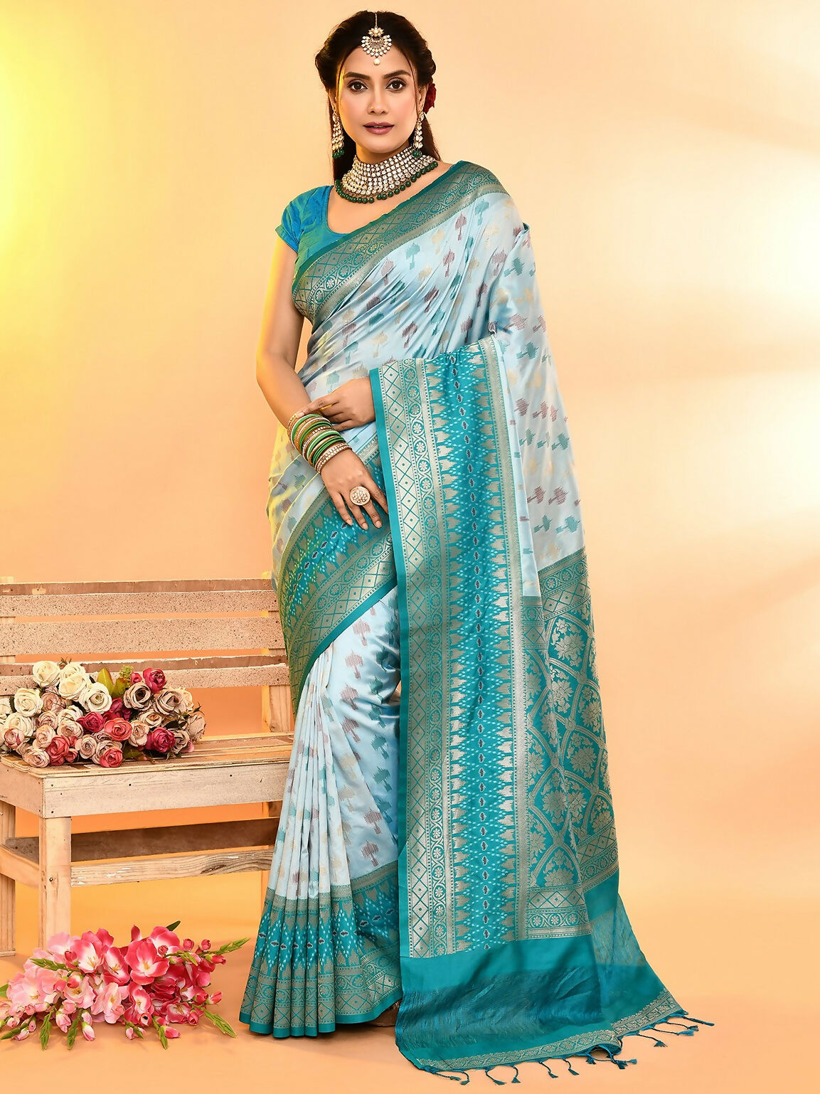 Joban Fashion Sky Blue & Rama Plain With Weaving Border Banarasi Silk Sarees | Grocsy