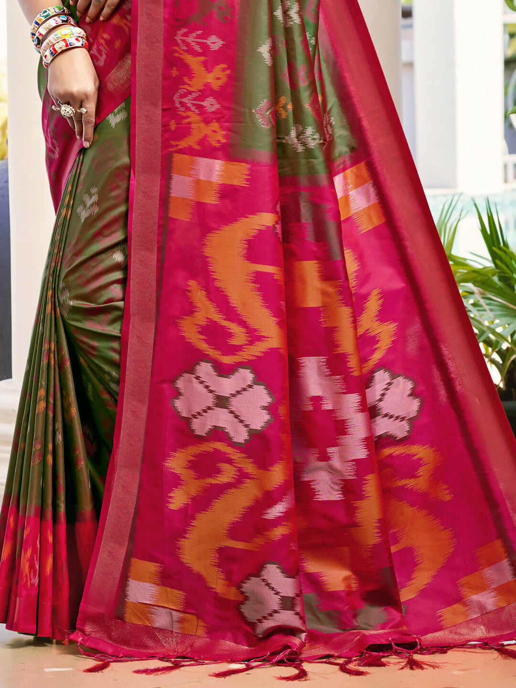 Shree Shyam Fashion Pochampalli Silk Olive Green Saree | Grocsy