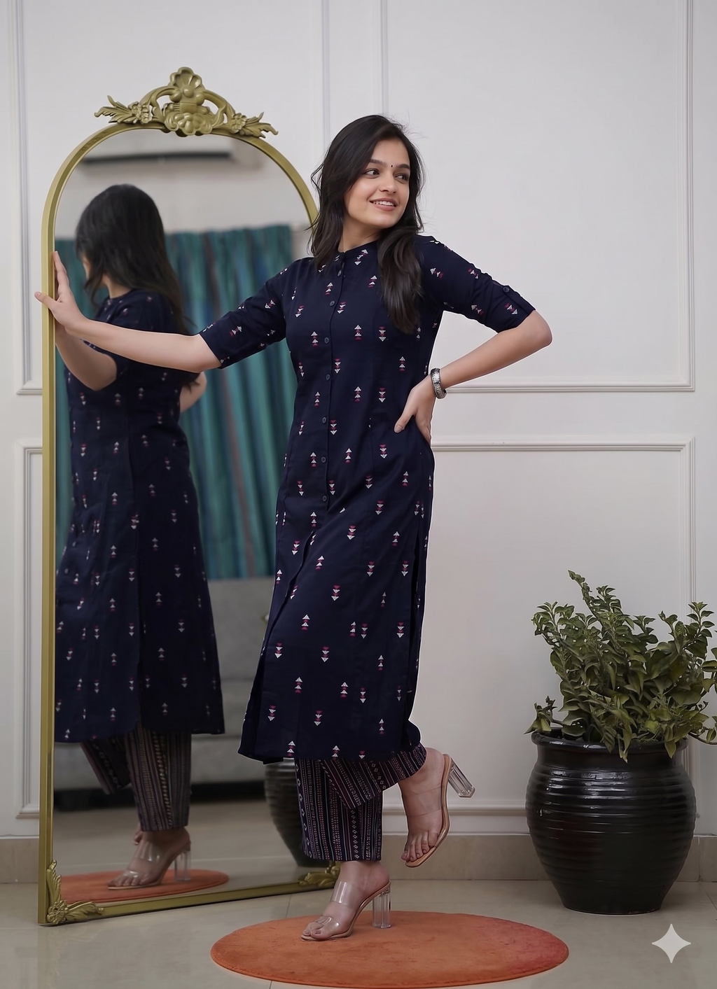 Teeya Creation Stylish Navy Blue Cotton Kurta With Geometric Print And Matching Palazzos | Grocsy