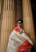 Petunia Flower Whitesoft Handloom Sik Zari & Thread Work, Contrast Pallu Saree - Rajtex Kube Silk | Grocsy