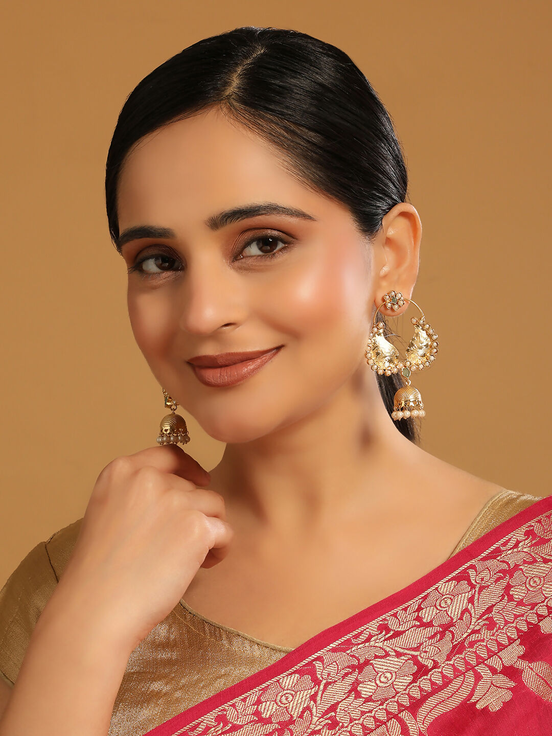 Nuyug 22K Gold Plated Pearls Studded Contemporary Shaped Mini Jhumki Drop Dangler Earrings | Grocsy